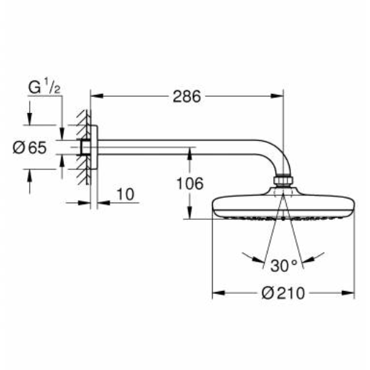 26411000 Верхний душ GROHE Tempesta 210 с душевым кронштейном 286 мм, хром