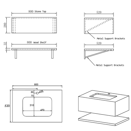Столешница для ванной комнаты в комплекте с раковиной и полкой Minotti Liberty 80см