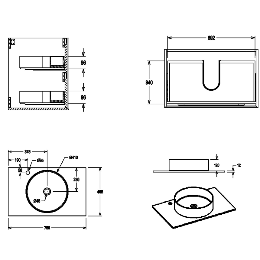 Тумба для ванной комнаты в комплекте со столешницей и раковиной Minotti Nature 75см