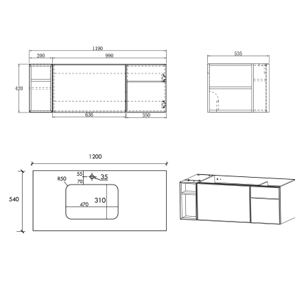 Тумба для ванной комнаты в комплекте с раковиной Minotti Vulcano 120см