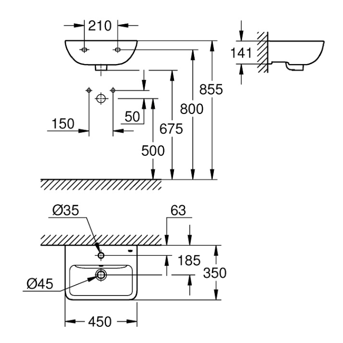 39806000 Раковина подвесная GROHE BauEdge 45 см, альпин-белый