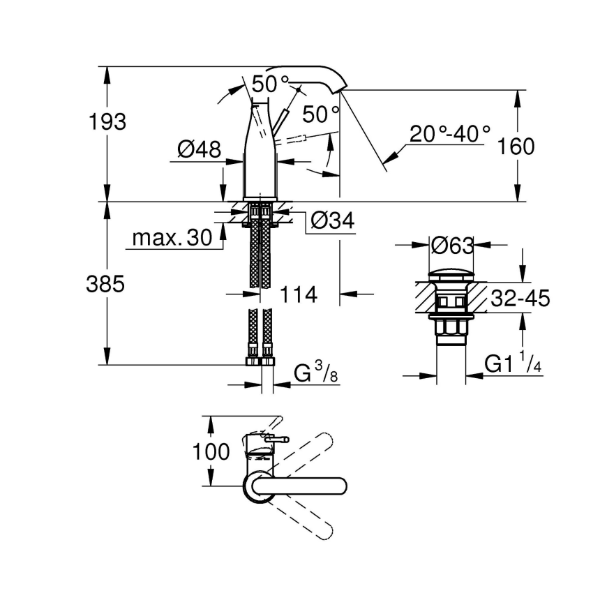 23798001 Смеситель для раковины GROHE Essence New с нажимным донным клапаном, M-size, хром