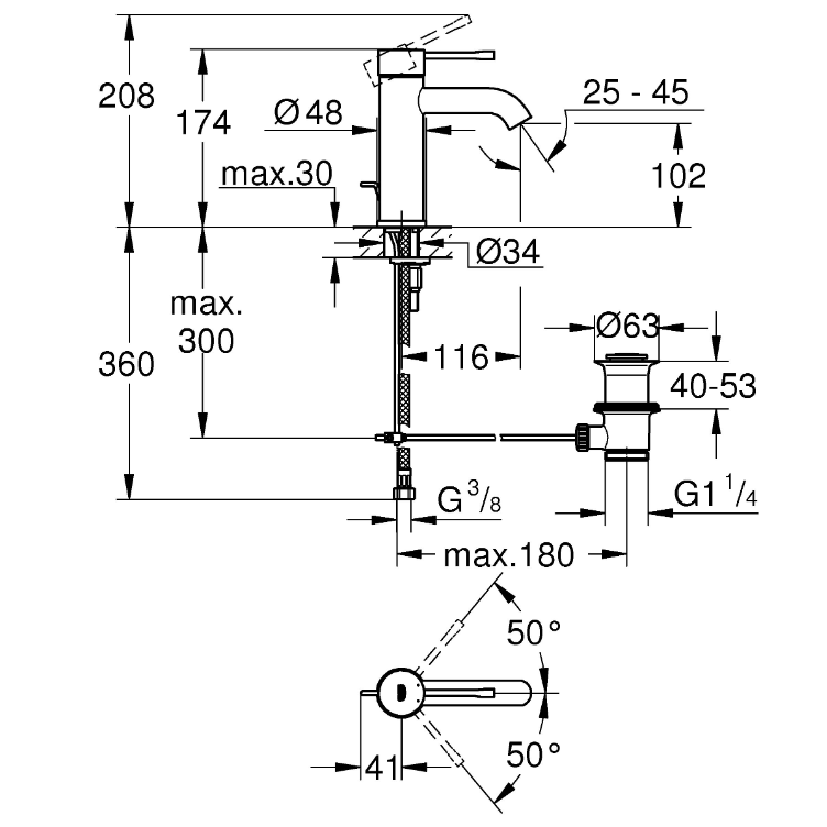 23589AL1 Смеситель для раковины GROHE Essence+ с донным клапаном, S-size, темный графит матовый