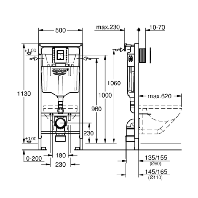 39501000 *Система инсталляции для подвесного унитаза GROHE Rapid SL, с панелью смыва, хром