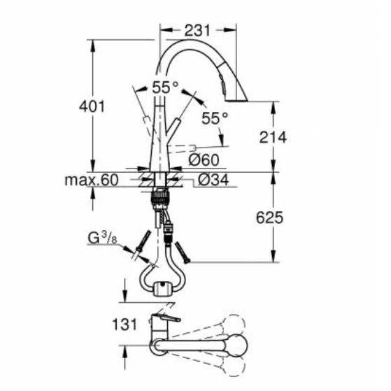 32294002 Смеситель для мойки GROHE Zedra с выдвижной лейкой, хром
