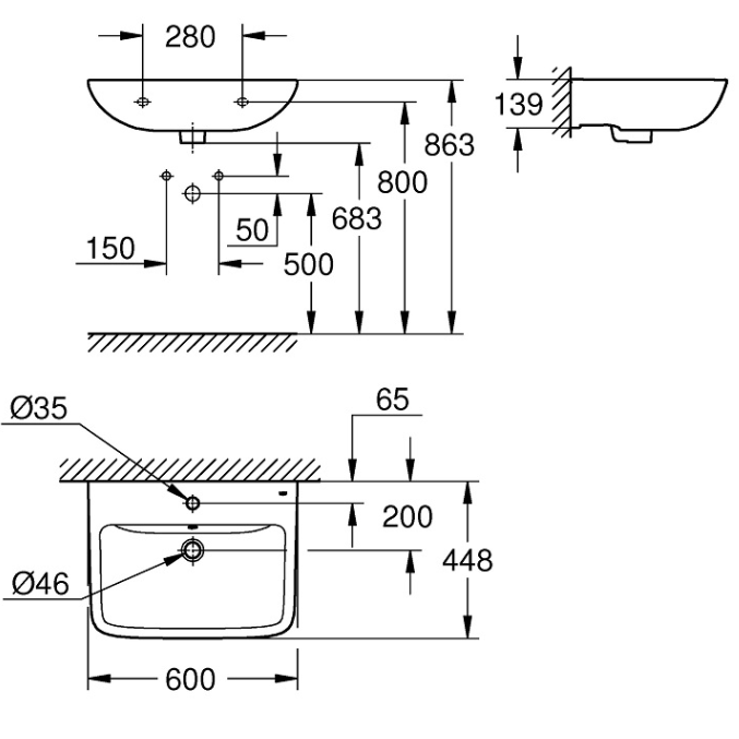 39808000 Раковина подвесная GROHE BauEdge 60 см, альпин-белый