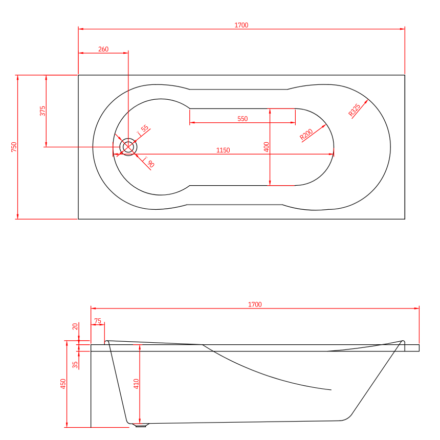 Акриловая прямоугольная ванна Minotti Сurve 170*75